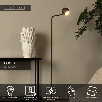 Lucide COMET - Lampadaire Rechargeable - Batterie/Piles - LED 3 StepDim - 1x3W 2700K - Noir